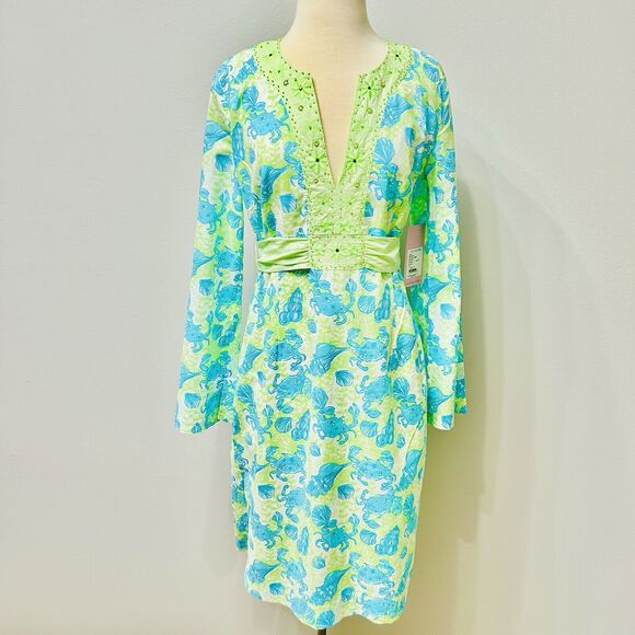 Lilly Pulitzer Dress Women M Green Blue Cotton Midi Cottagecore Boho Vintage Y2K
